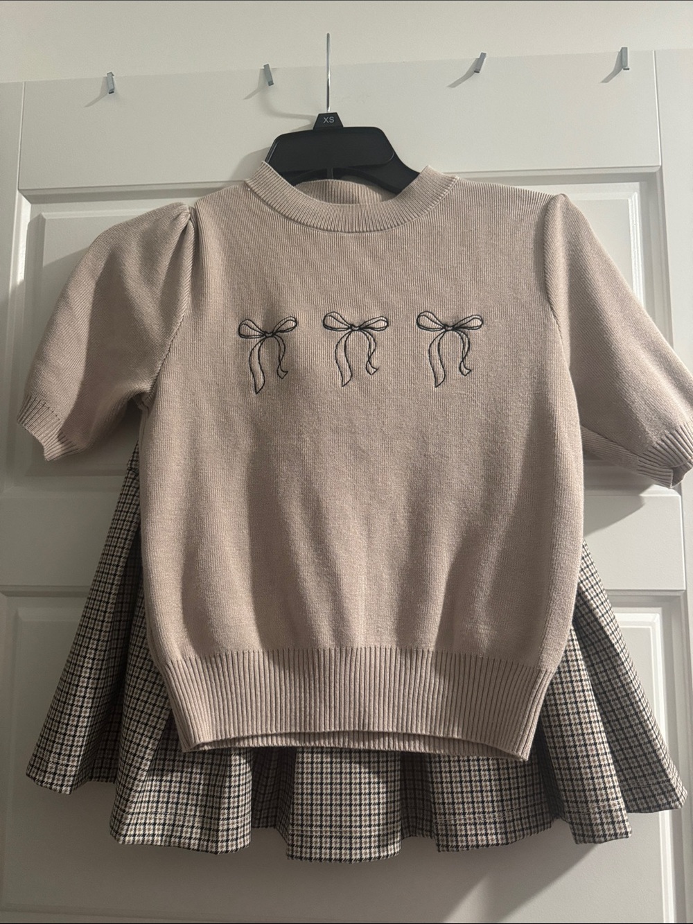 Olive & Oak Beige Knit Top with Black Bow Embroidery